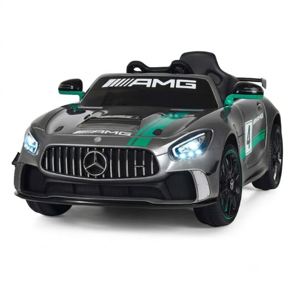 Mercedes Benz AMG Montable eléctrico infantil Mercedes-Benz AMG gris con diseño de carreras