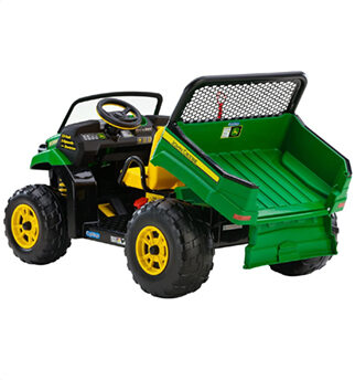 Tractor de juguete John Deere montable verde con plataforma de carga.