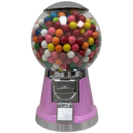Máquina de chicles de mesa rosa con esfera transparente circular y detalles plateados.