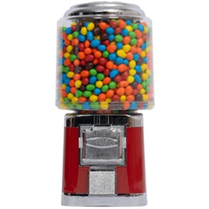 Máquina de dulces roja individual con globo transparente y tapa cromada.