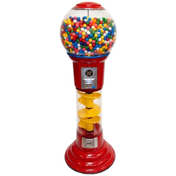 lypc-5-spin-drop-spiral-gumball-machine Máquina de chicles roja con tobogán espiral amarillo.