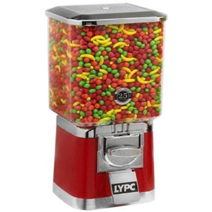 Máquina expendedora roja LYPC cargada con dulces variados.
