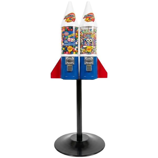 mighty-mite-rocket-gumball-machine-double. Dispensador doble de dulces con forma de cohete espacial.