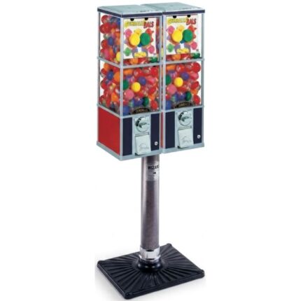 Dispensador de chicles de dos compartimentos con pedestal acanalado gris.