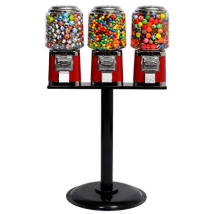 Módulo triple de chicleras rojas sobre pedestal con globos redondos para dulces surtidos.
