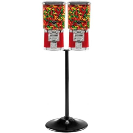 Máquina expendedora doble roja para chicles sobre soporte de base circular